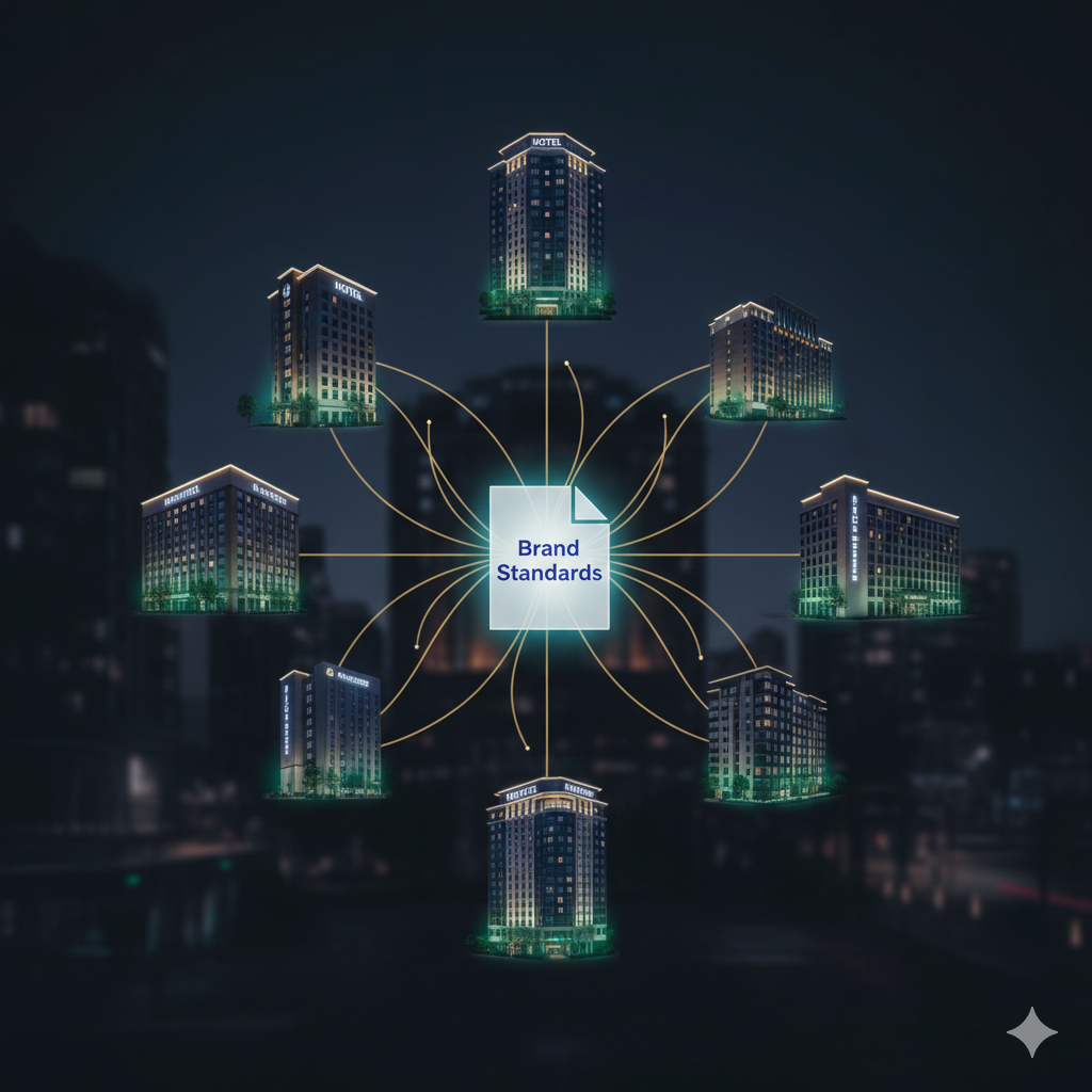 Brand standards compliance dashboard across multiple hotel properties
