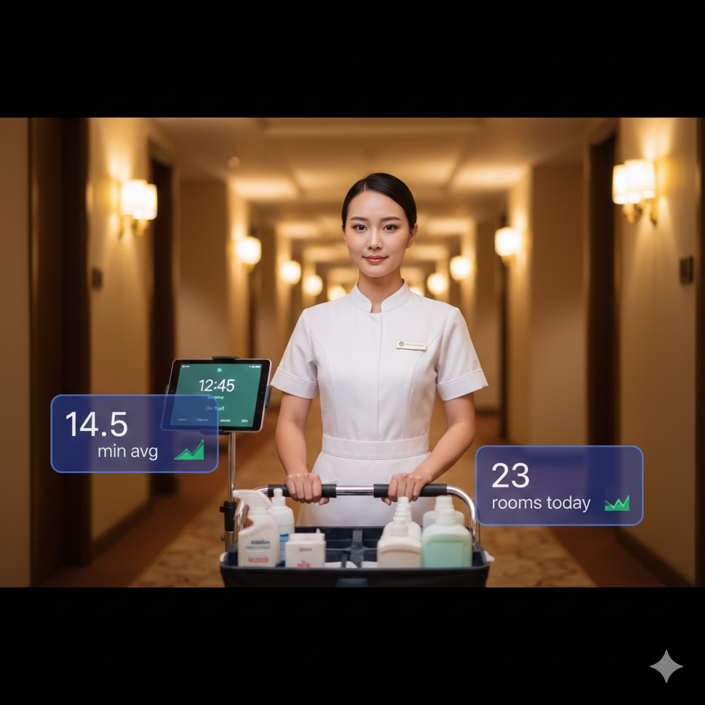 Housekeeping supervisor reviewing room turnaround analytics on tablet