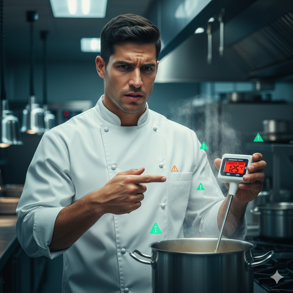 Hotel kitchen chef checking temperature of food with digital thermometer