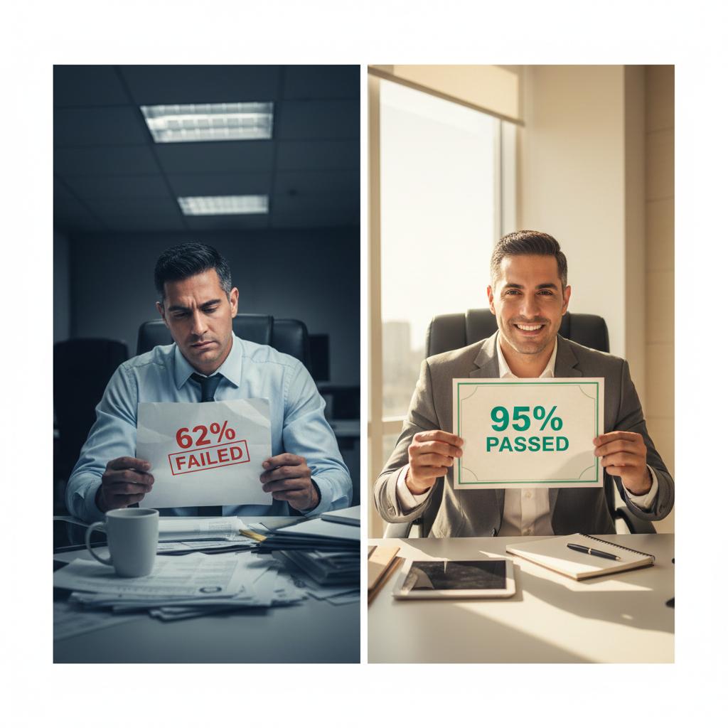 Hotel manager reviewing successful audit results on tablet showing 95% compliance score