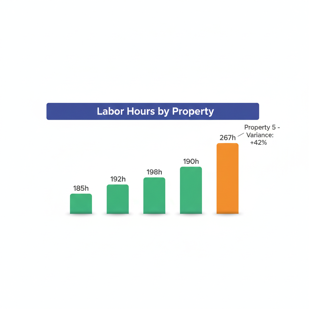 Operations director analyzing labor data across multiple hotel properties on dashboard