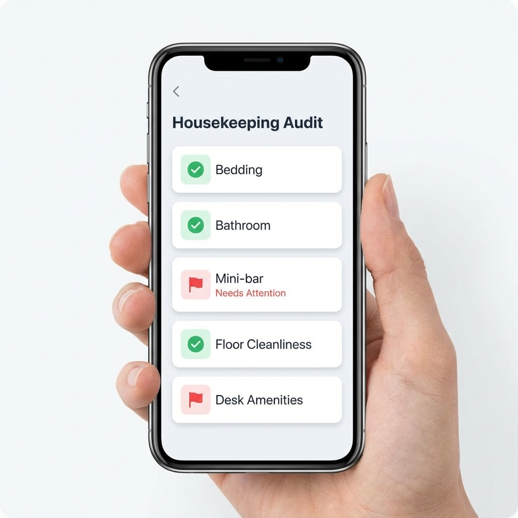 Hotel manager using offline app in basement