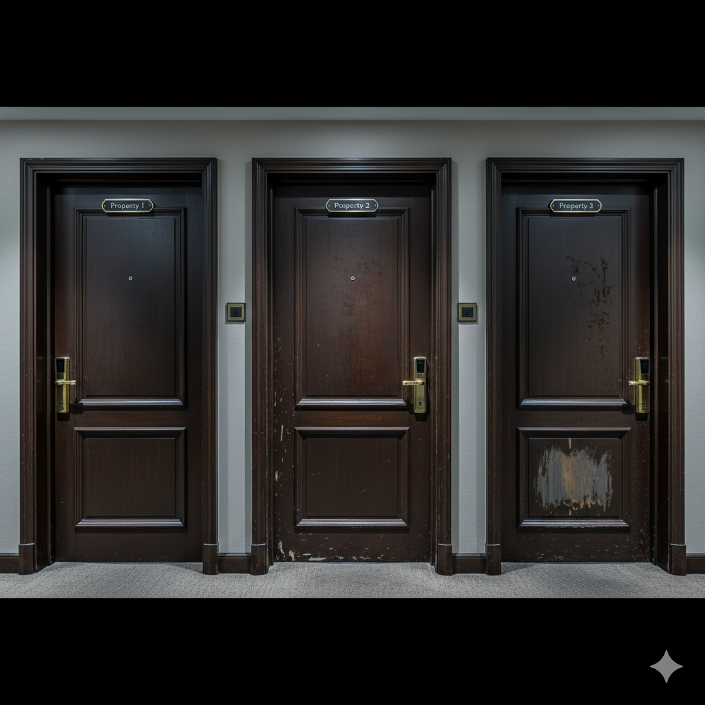 Side-by-side comparison of two hotel rooms showing subtle differences in quality standards