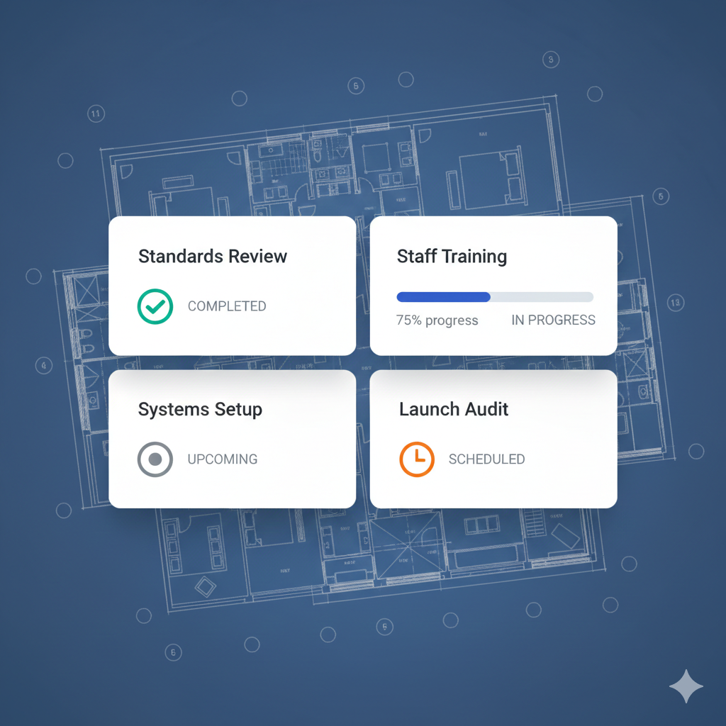 Operations team reviewing brand standards checklist at newly acquired hotel property