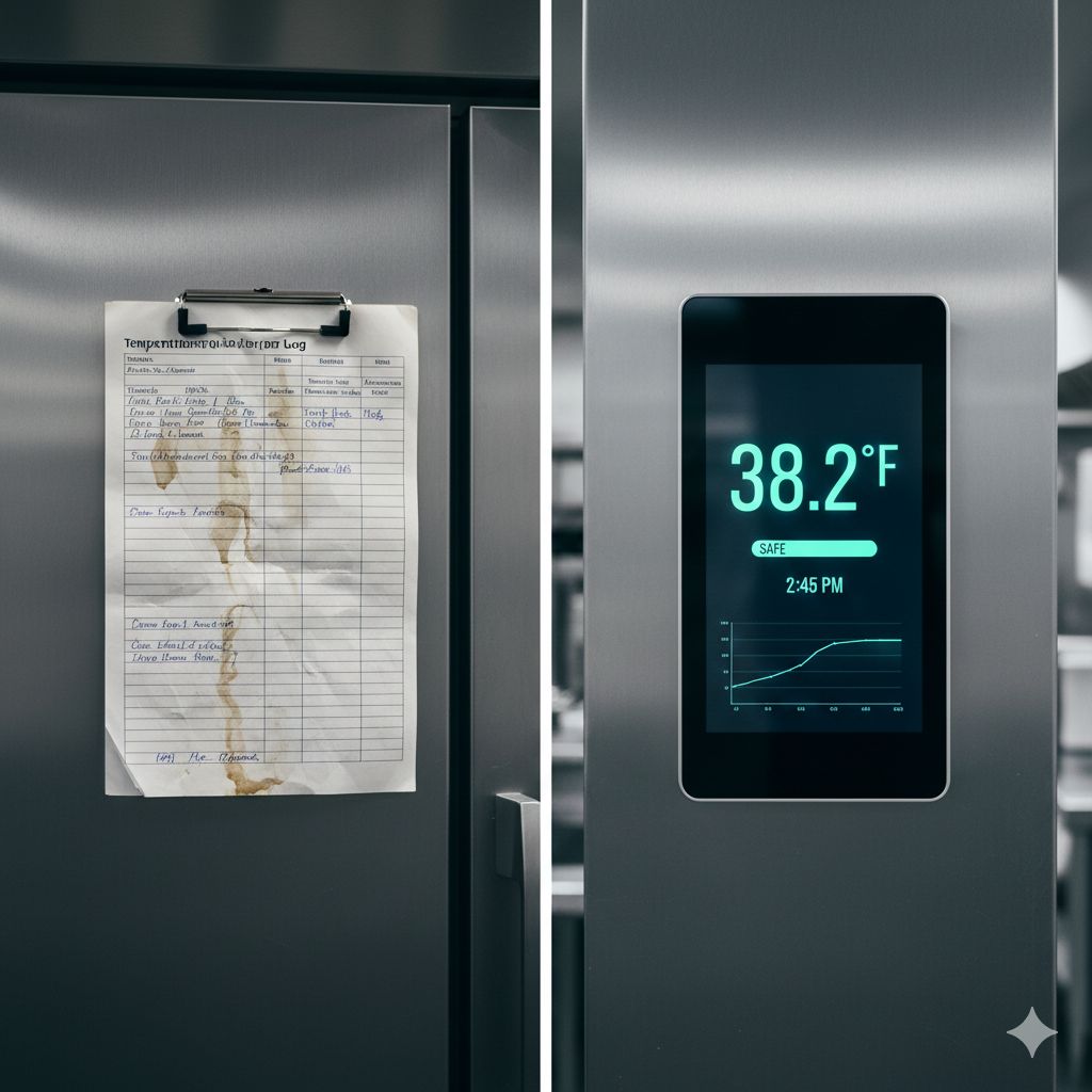 Kitchen staff using digital thermometer connected to tablet for real-time temperature logging