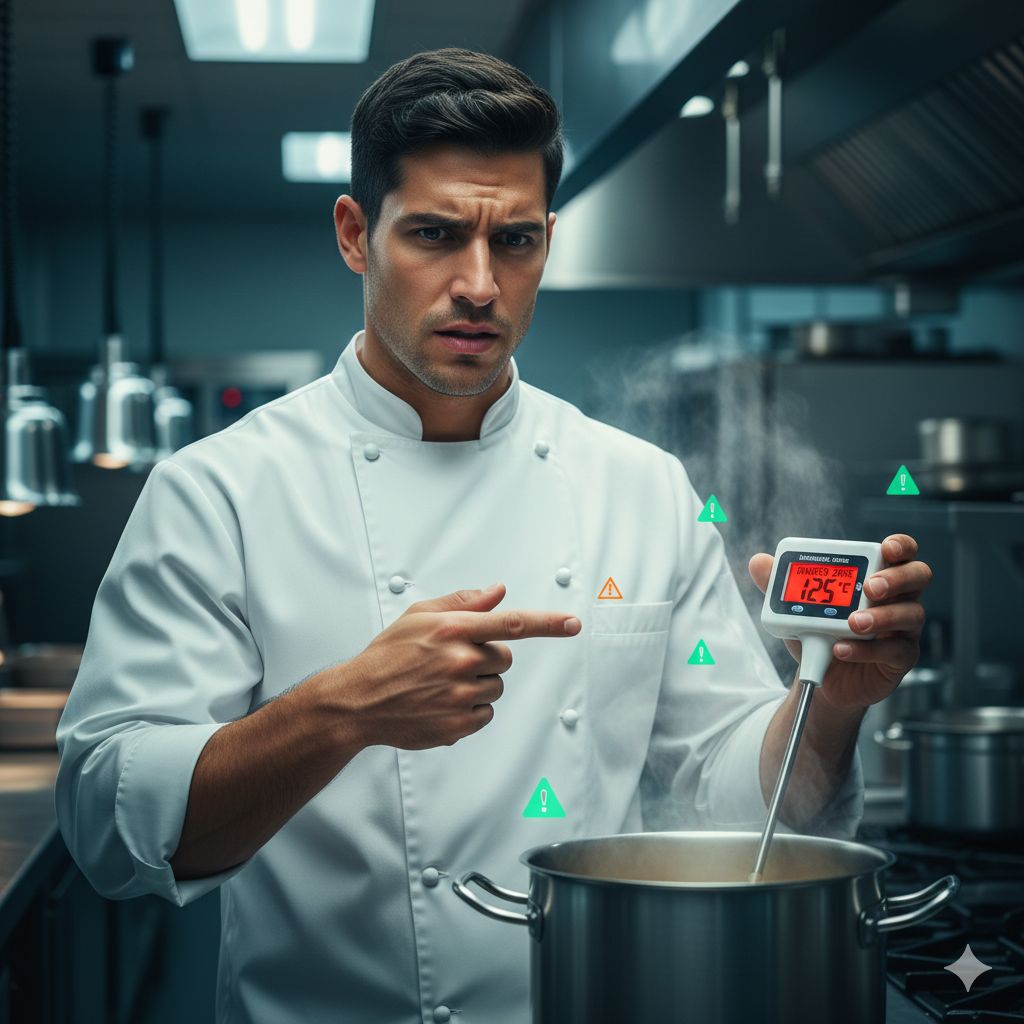 Hotel kitchen chef checking temperature of food with digital thermometer