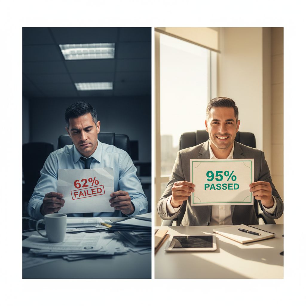 Hotel manager reviewing successful audit results on tablet showing 95% compliance score