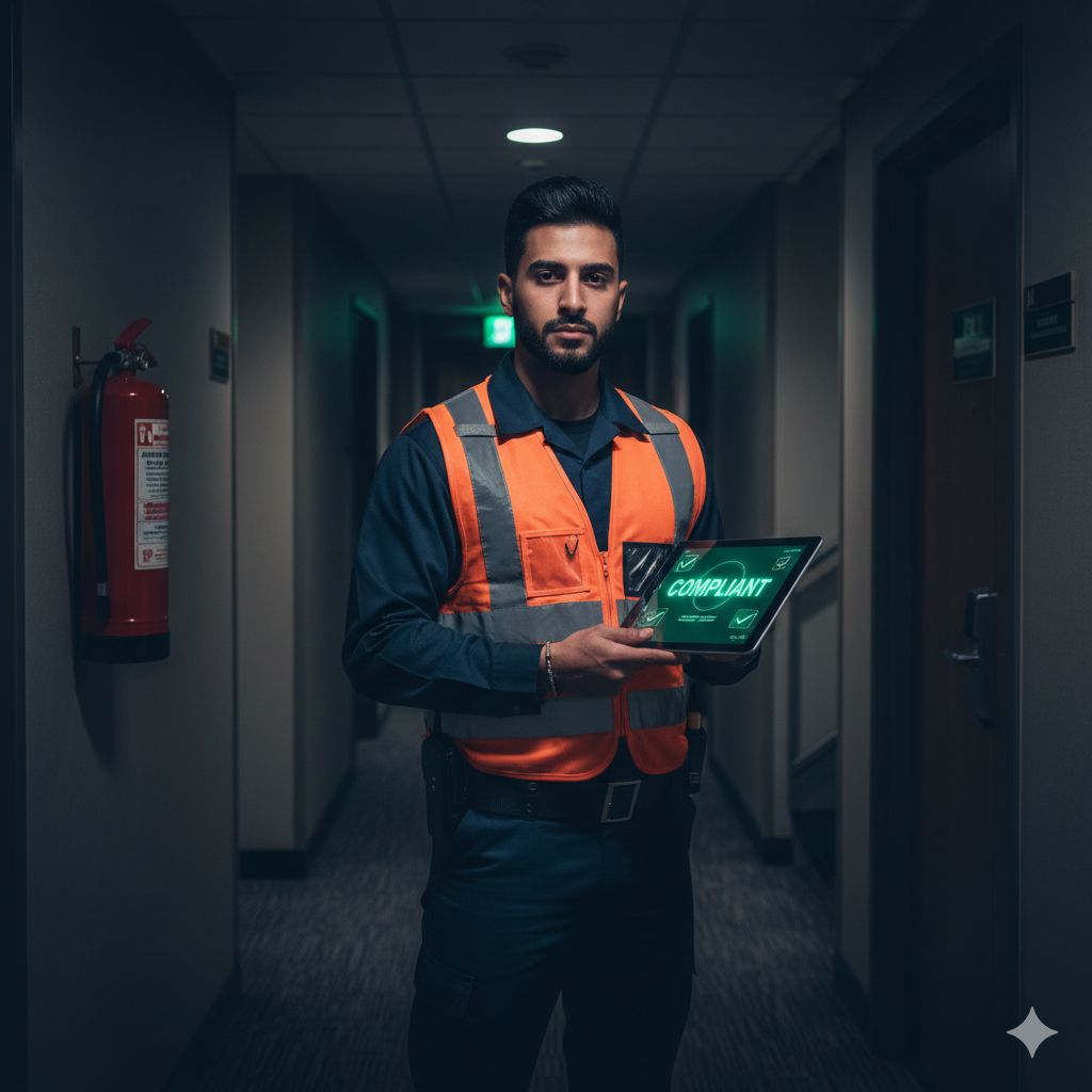 Fire alarm pull station and exit sign in hotel corridor