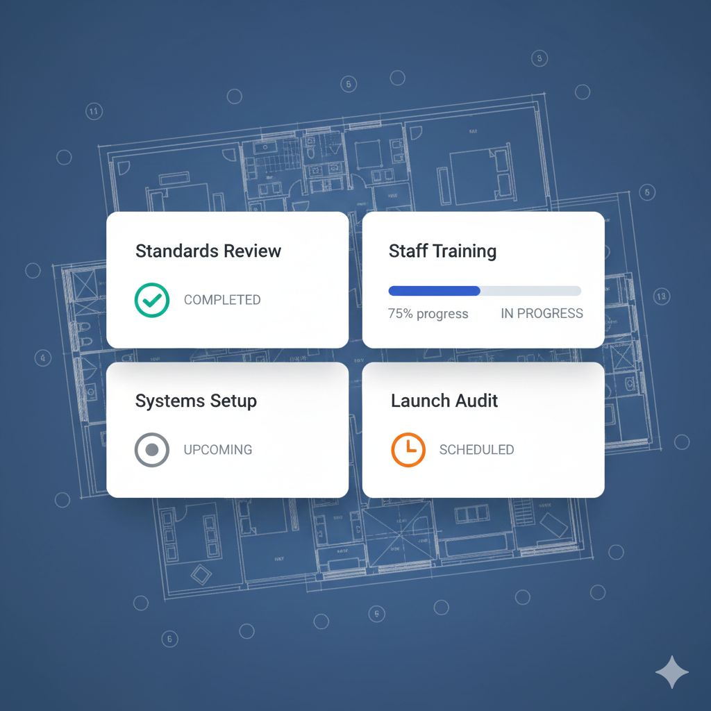 Operations team reviewing brand standards checklist at newly acquired hotel property