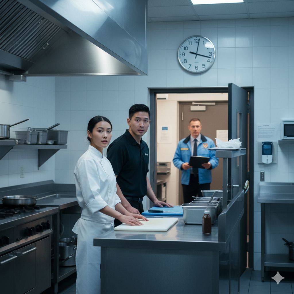 Health inspector reviewing kitchen compliance with hotel chef